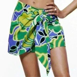 Zara Womens Blue Green Coastal Floral Wrap Euro Summer Skort